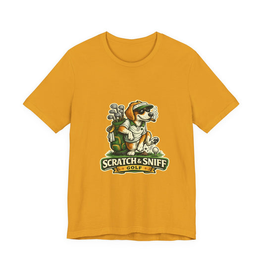 Golf Dog T‑Shirt — "Scratch & Sniff Golf" Vintage Pup Graphic Tee
